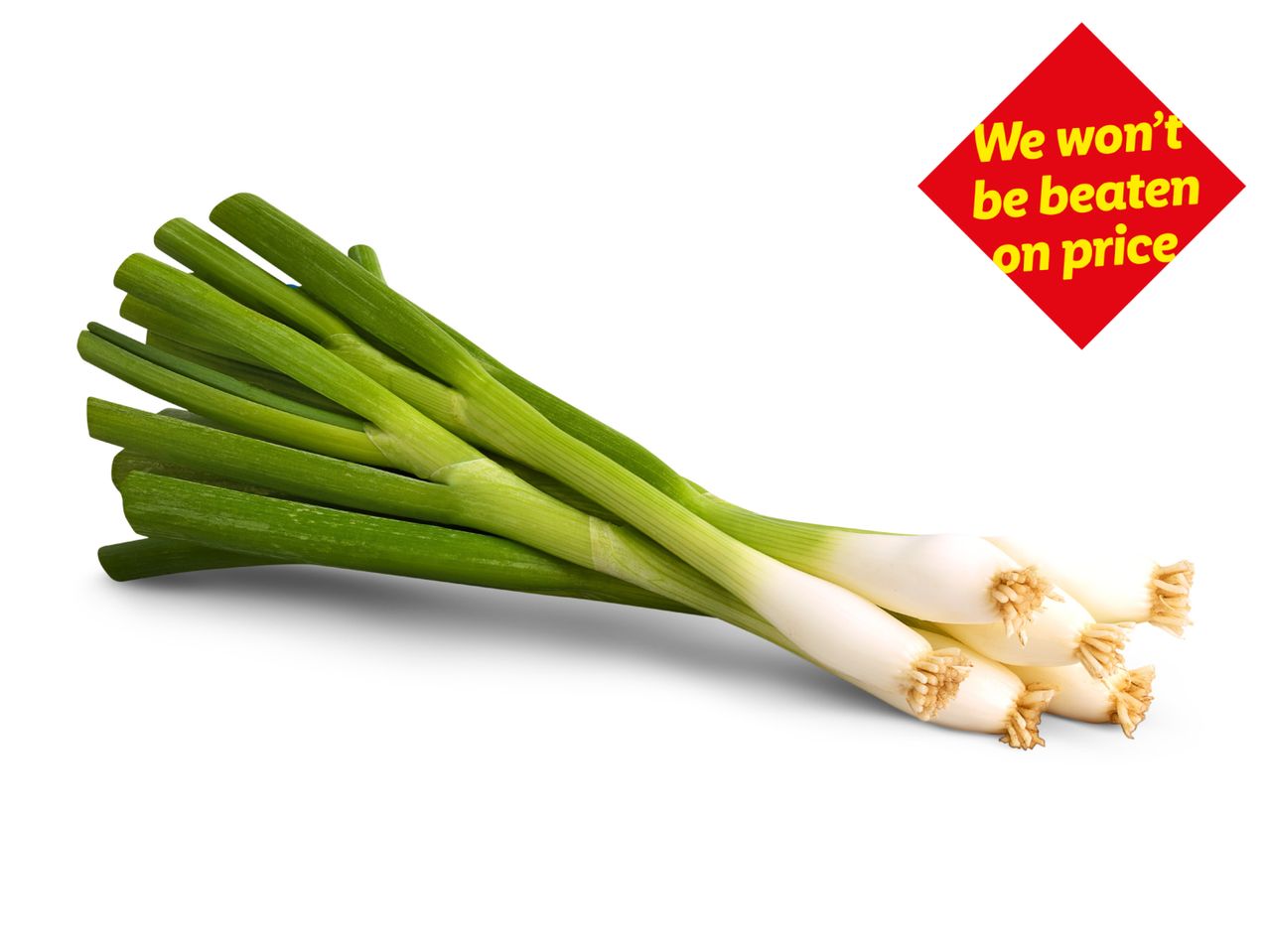 Fresh spring onions with a red diamond-shaped price promise: 'We won't be beaten on price'.