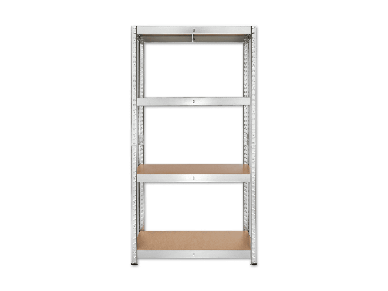 Metallregal mit vier braunen Holzablagen auf schwarzem Hintergrund.