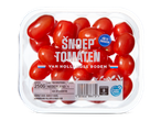 Een plastic bakje met 250g Snoep Tomaten, kleine snacktomaten uit Nederland.