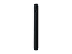 Black power bank with four indicator lights and a circular button.