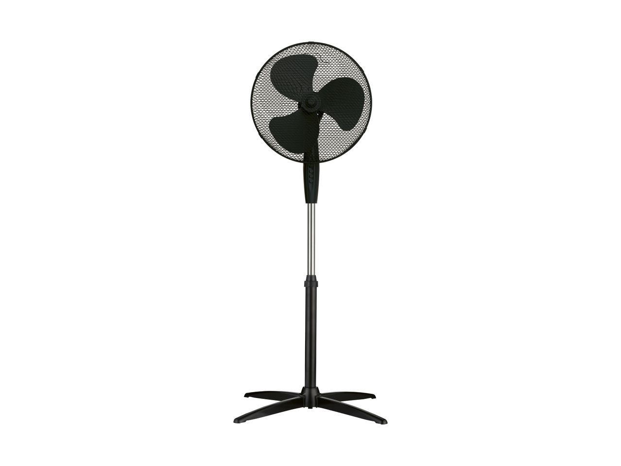 A black pedestal fan with a gray fan blade.