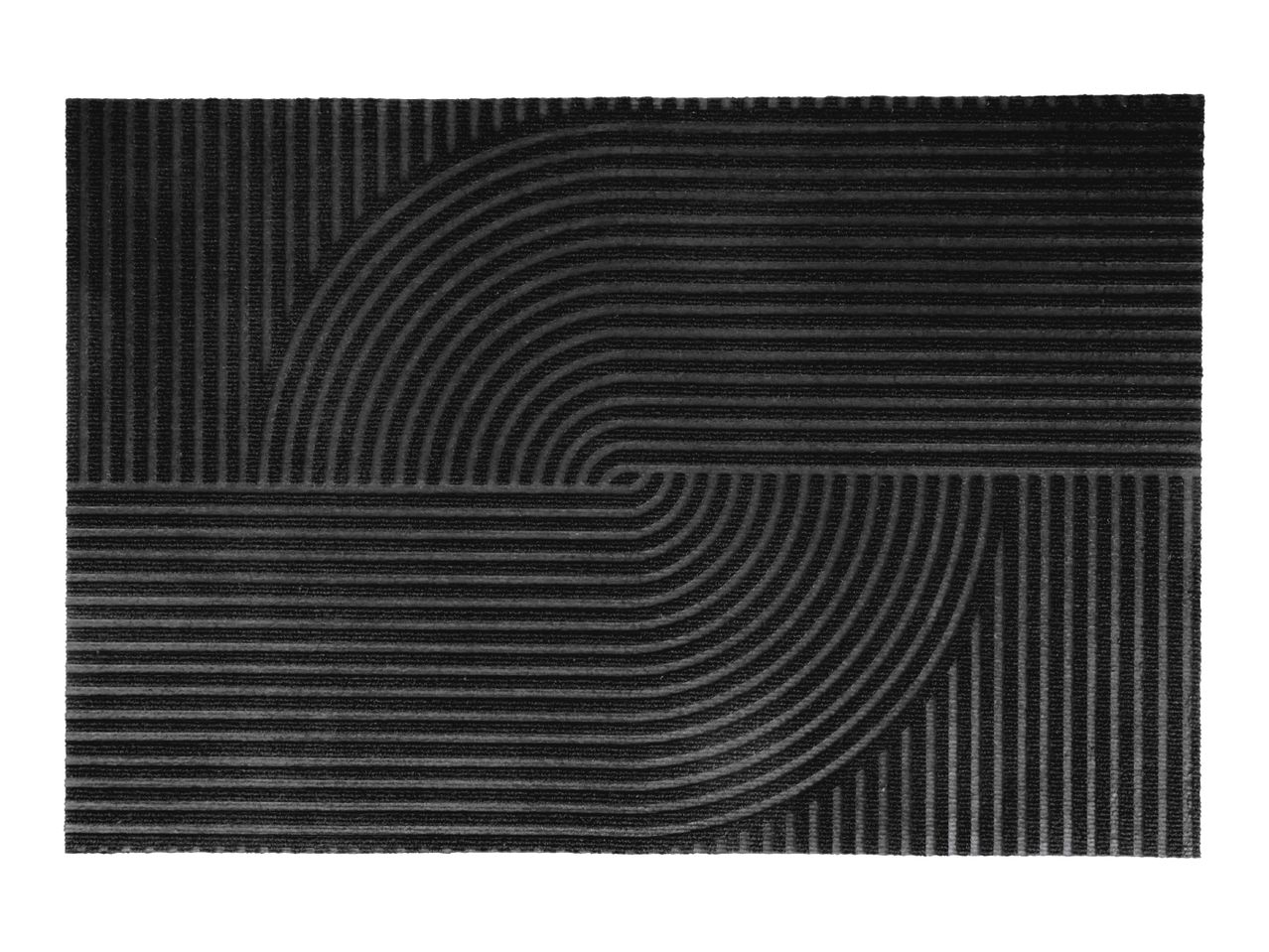 Black doormat with a textured geometric pattern of lines and curves