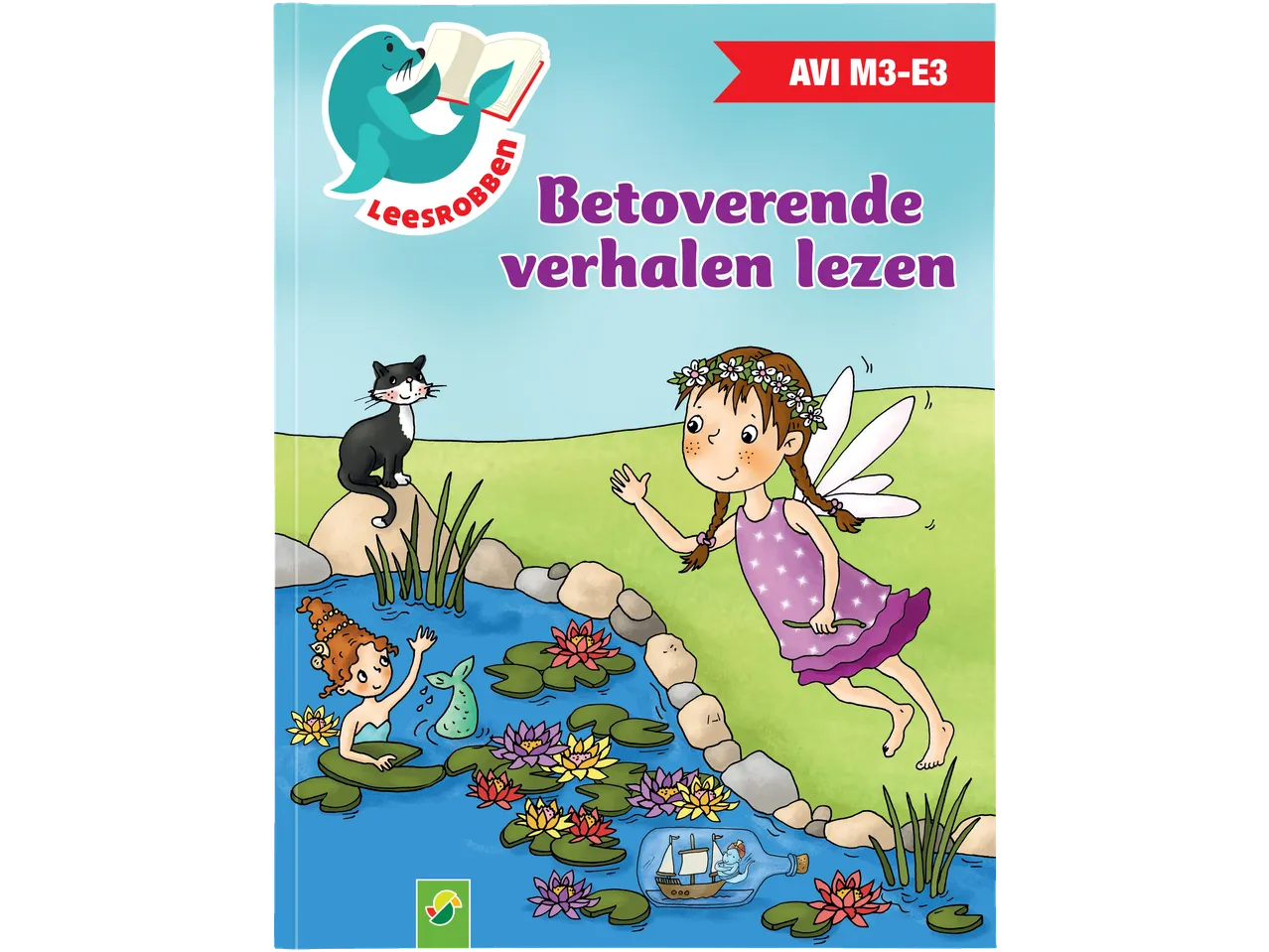 Boekomslag met fee, zeemeermin en kat bij een vijver, titel: „Betoverende verhalen lezen“