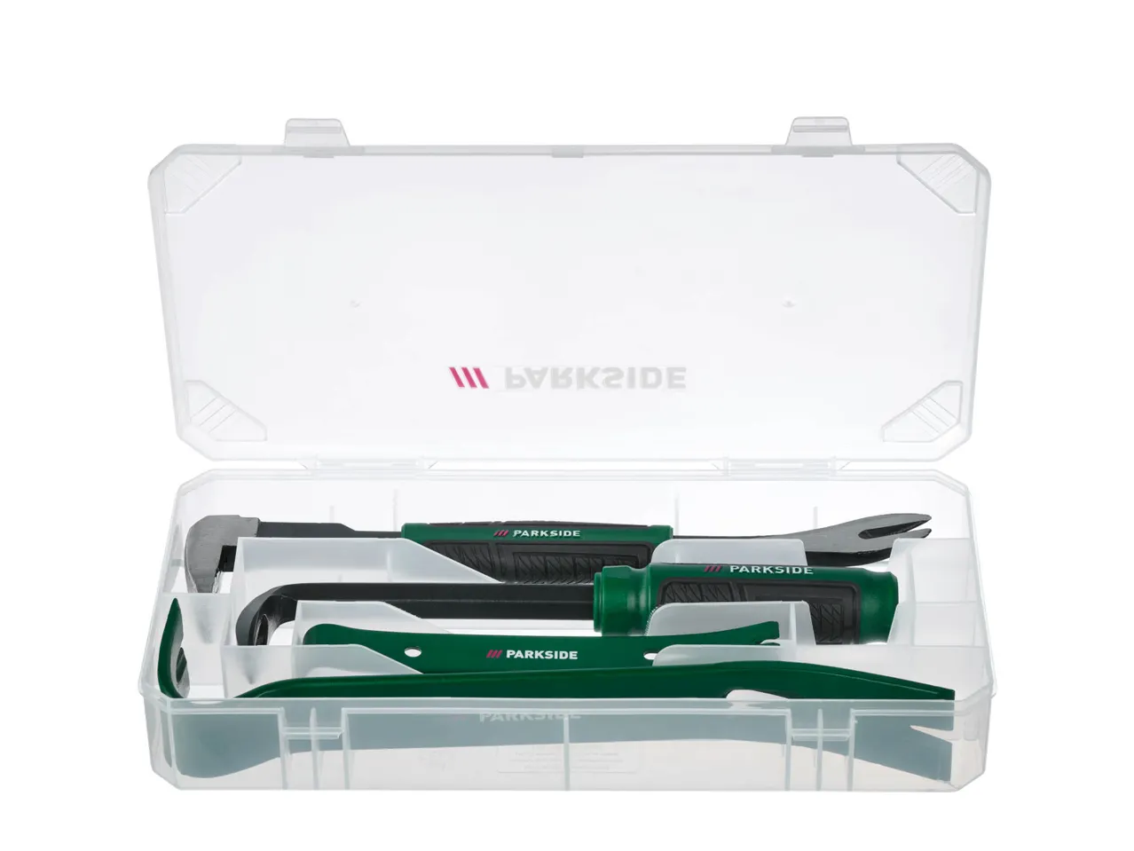 A clear plastic case containing green and black Parkside tools, including a hammer and pry bars.