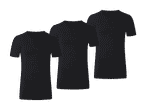 Tre sorte T-shirts med rund hals, der ligger forskudt på en hvid baggrund.
