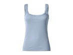 Light blue ribbed tank top with delicate lace trim on the neckline and straps.