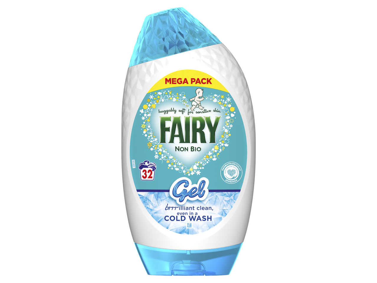 Fairy Non Bio Gel washing liquid: mega pack, cold wash suitable, gentle on sensitive skin.