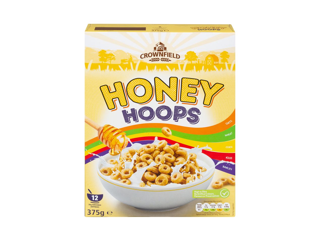 Crownfield Honey Hoops: honey ring-shaped cereal.