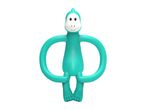 Teal monkey-shaped baby teether with a friendly face on a white background.