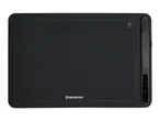 Black electric warming tray with temperature settings and power button.