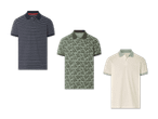 Drei Herren-Poloshirts in verschiedenen Farben und Mustern.