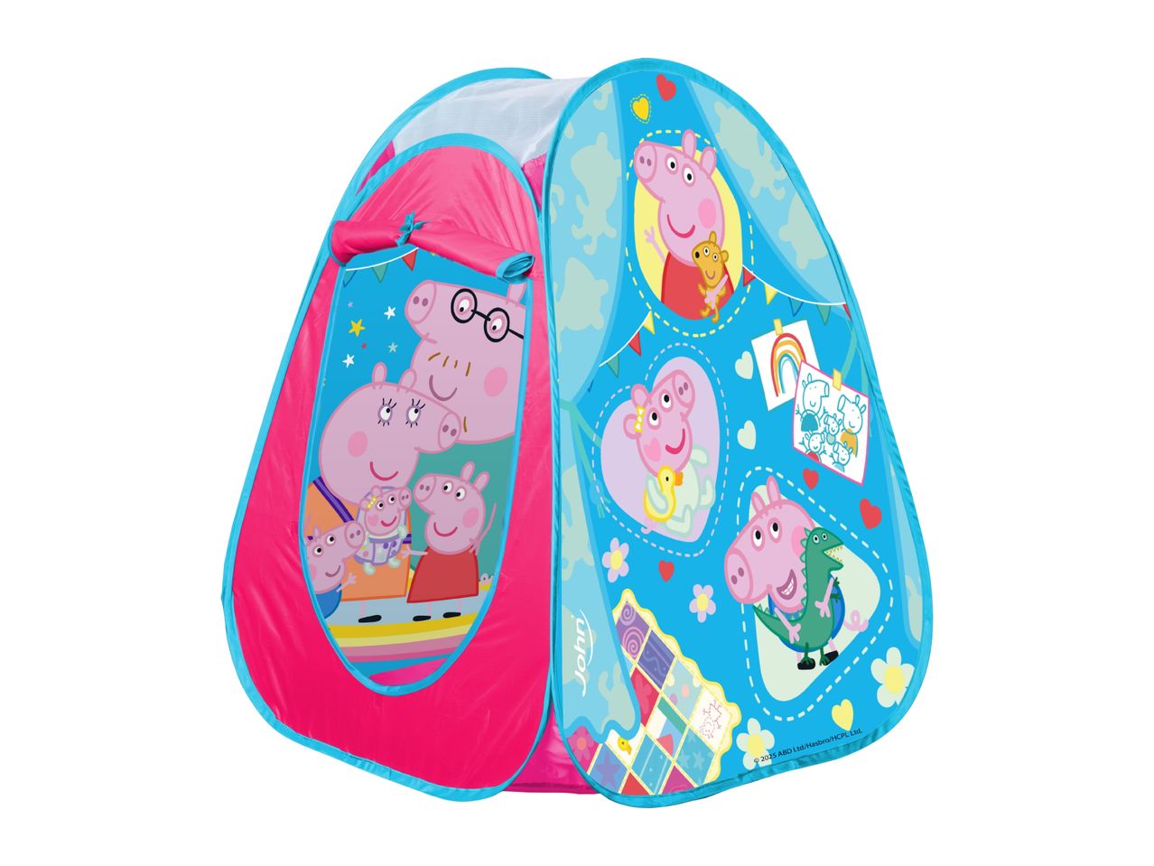 Pink and blue children's play tent with cartoon pig family and dinosaur illustrations.