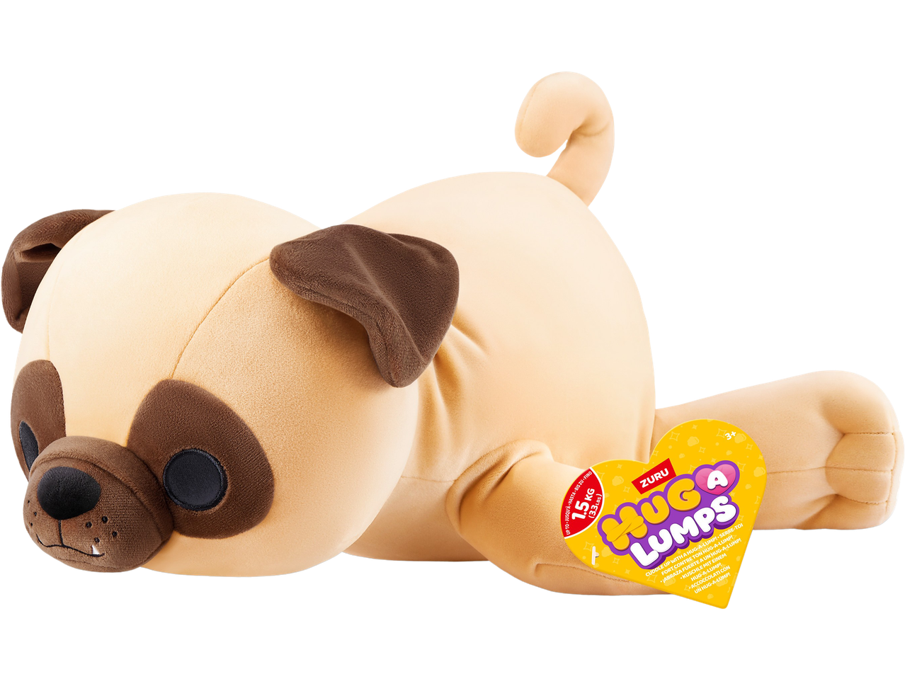 Plush pug toy with a heart-shaped tag that reads 'Hug-A-Lumps' and '1.5 KG (3.3 LBS)'.