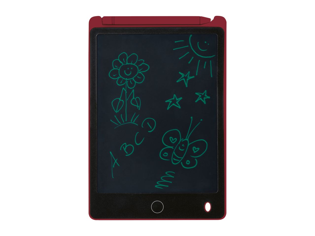 Red LCD writing tablet with green drawings of a flower, sun, stars, ABC, and a butterfly.