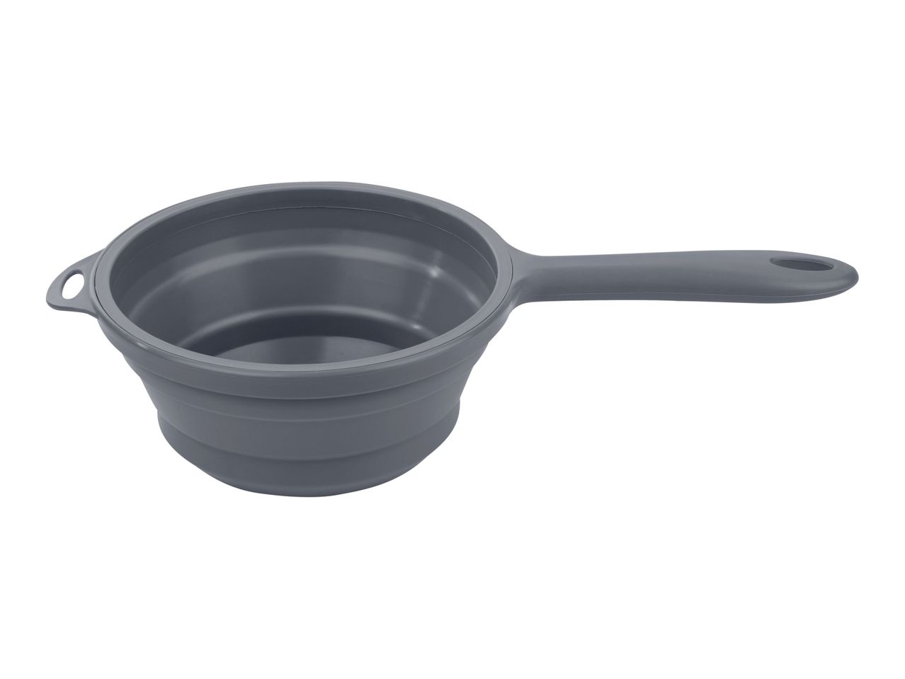 A gray silicone collapsible camping cup with a handle.