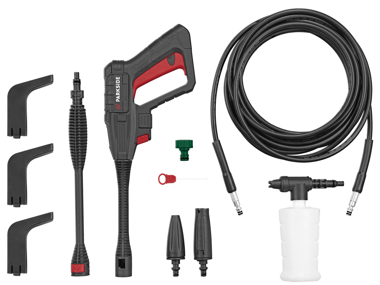 PARKSIDE Silent high-pressure cleaner set with gun, hose, and nozzles.