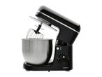 Black stand mixer with a stainless steel bowl and whisk attachment, tilted back.