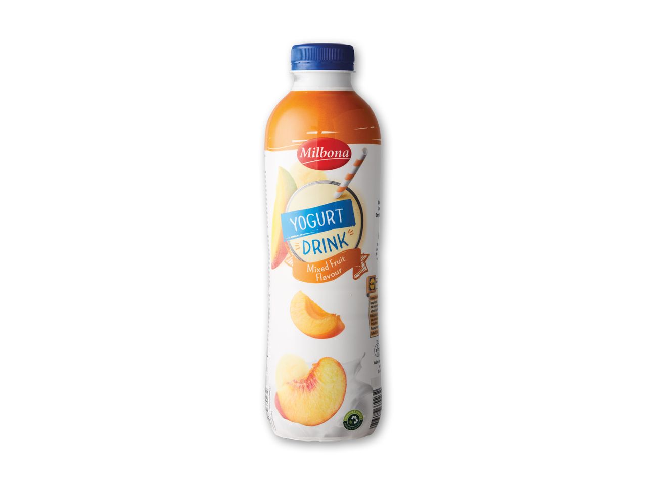 Yoghurt drik med blandet frugtsmag i en flaske med blå låg.