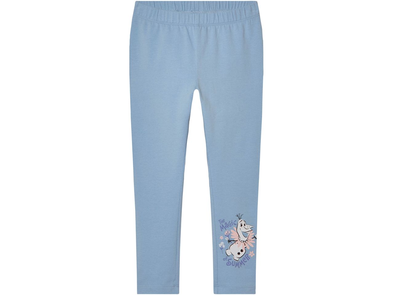 Leggings azzurri per bambina con stampa di Olaf e fiori.