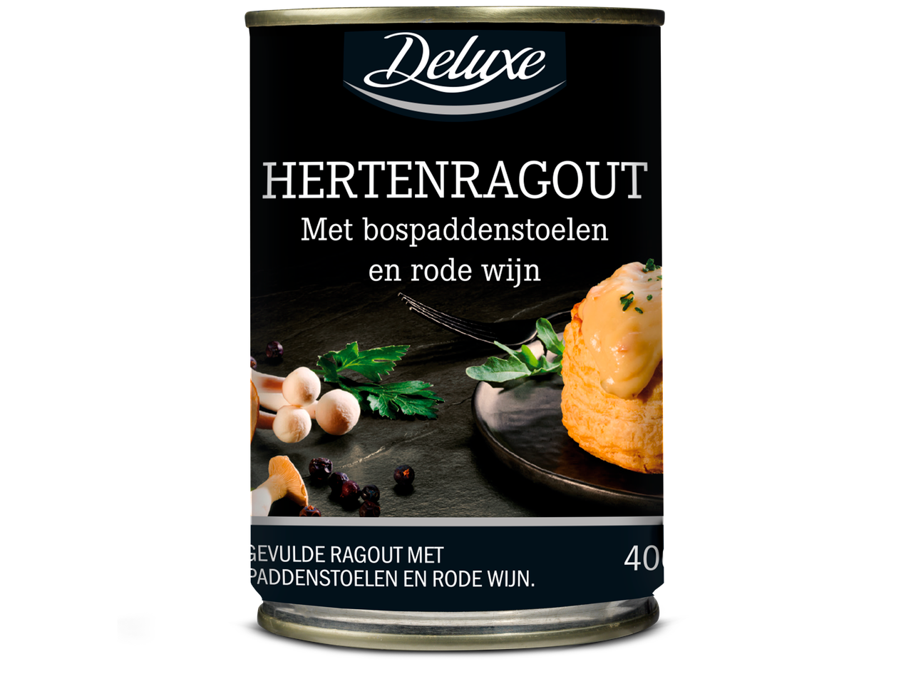 Deluxe Hertenragout met bospaddenstoelen en rode wijn in blik.