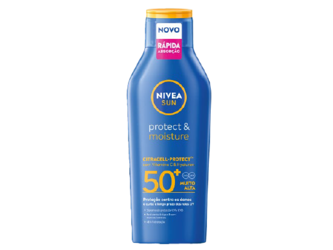 Protetor solar Nivea Sun Protect & Moisture com FPS 50+, proteção muito alta e rápida absorção.