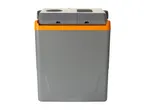 Grey and orange portable cooler with car and house icons on the lid.