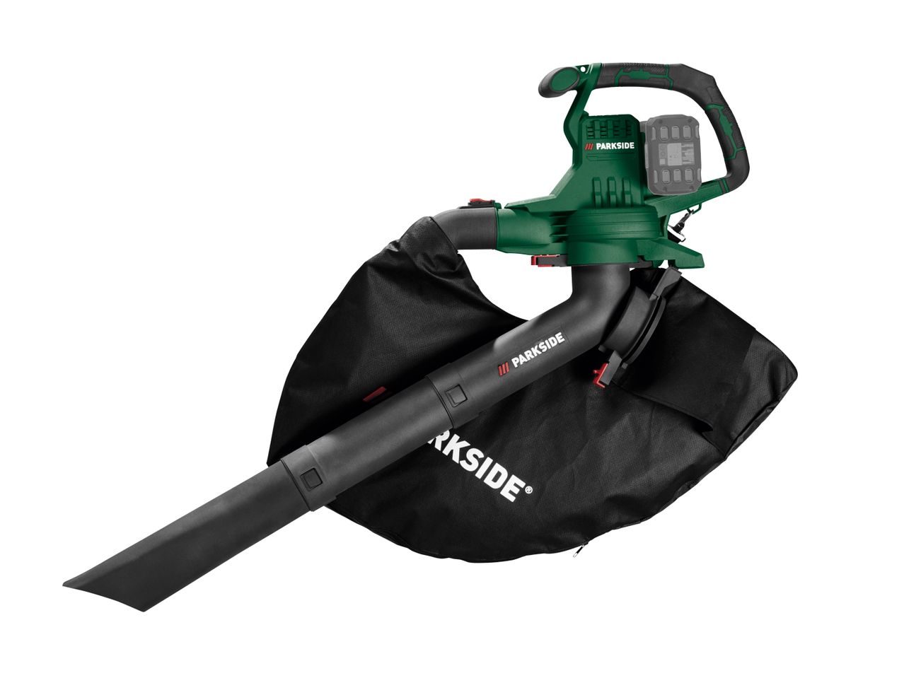 A green and black cordless leaf blower with a collection bag attached.