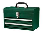 Green metal toolbox with a black handle and two silver drawers