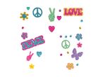 Glittery stickers and gems featuring peace signs, hearts, flowers, butterflies, and the words 'LOVE' and 'PEACE'.