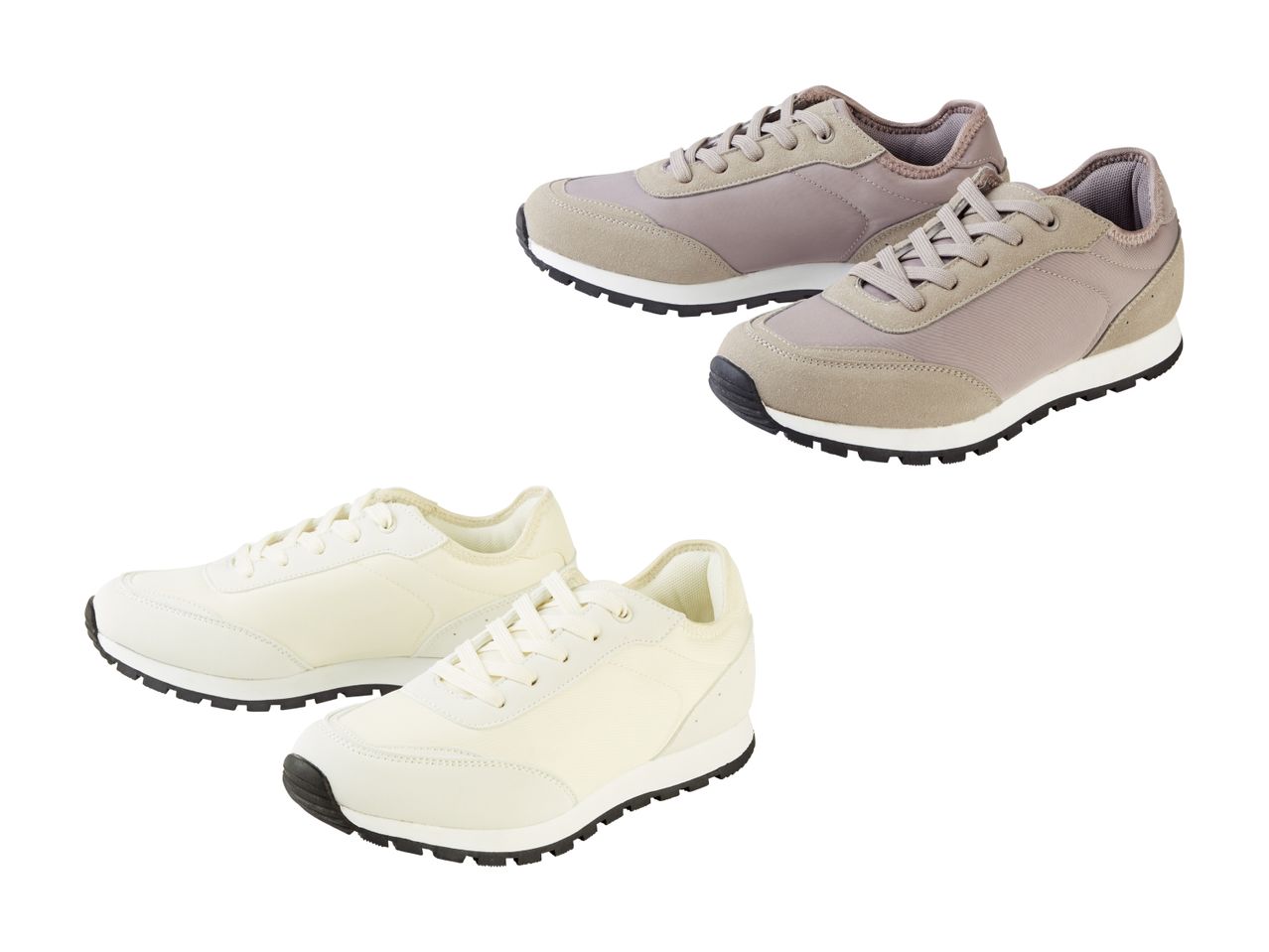 Deux paires de baskets, une beige et une blanche, sont présentées.