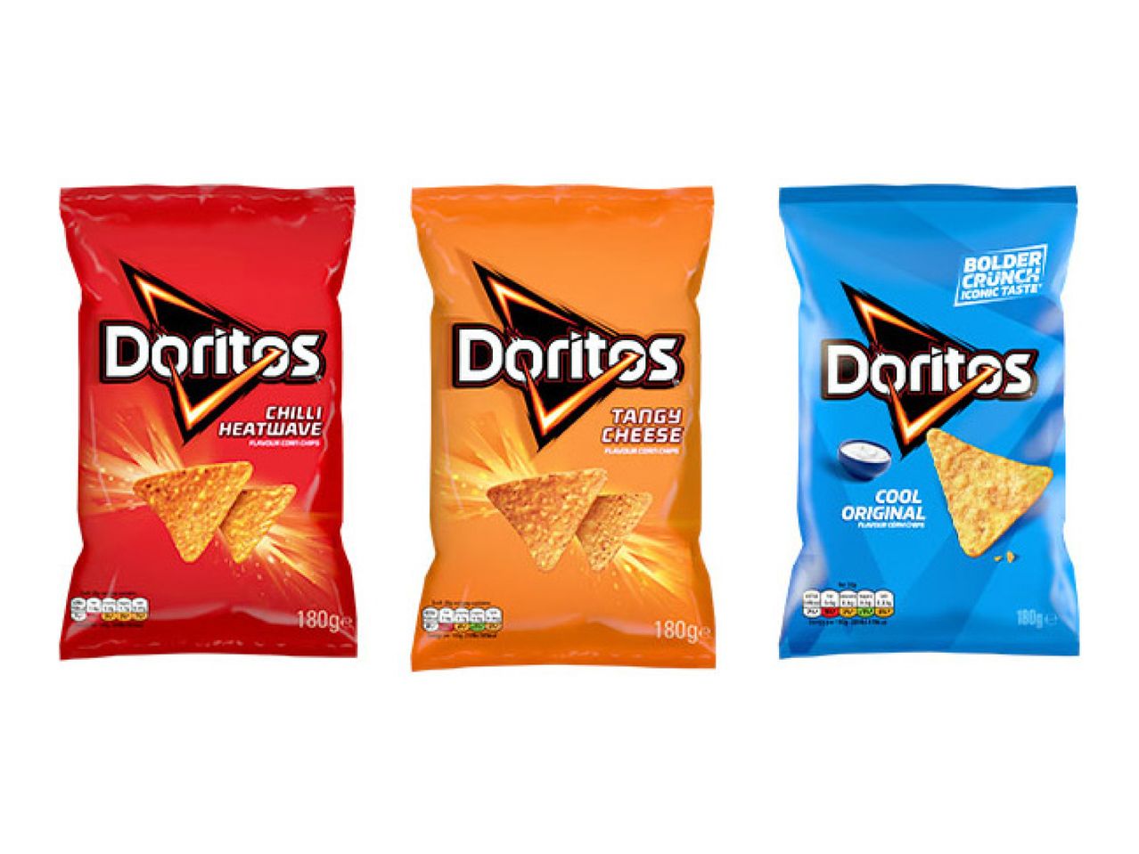 Three bags of tortilla chips: red (chilli), orange (cheese), and blue (cool original).