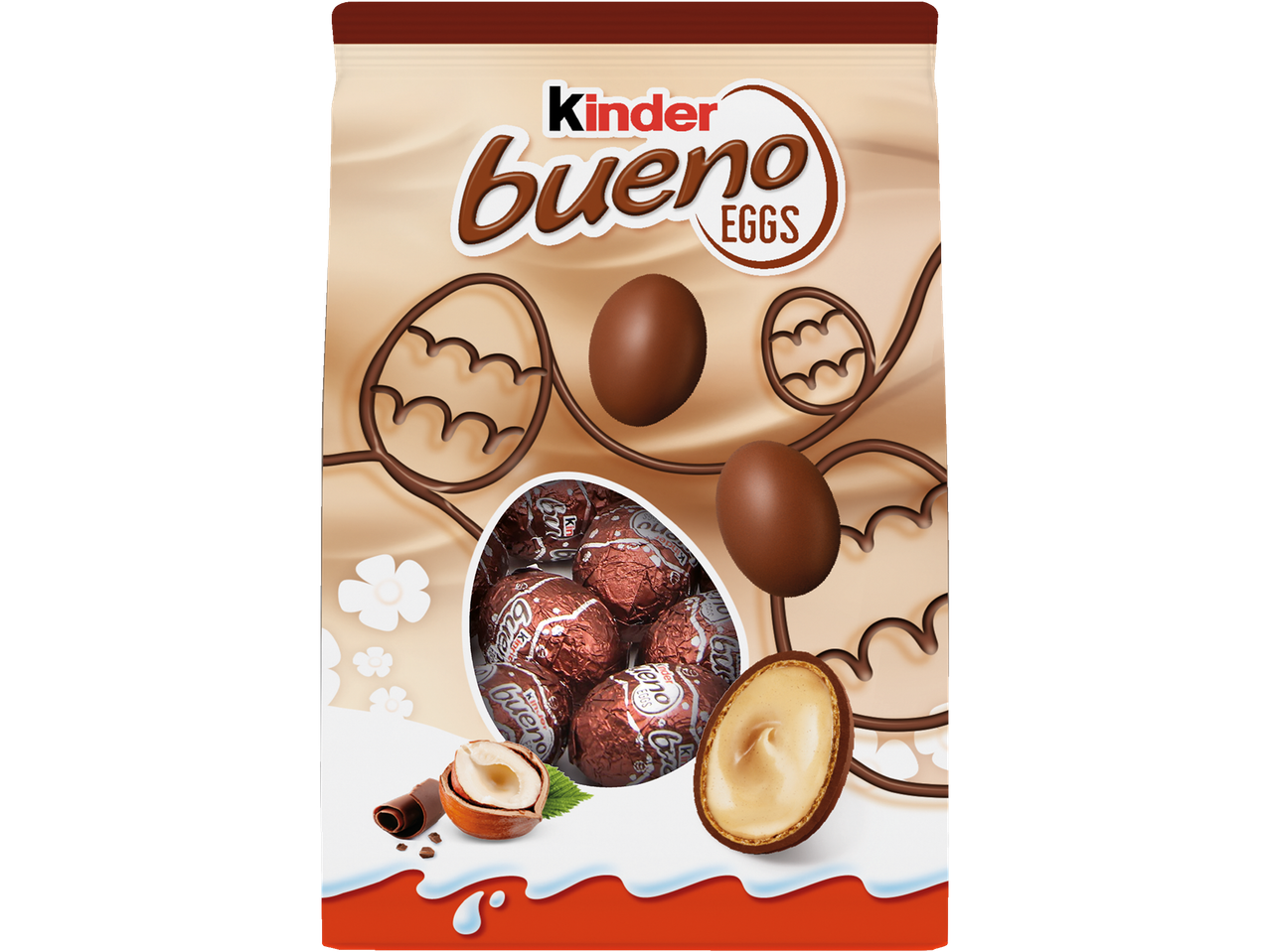 Kinder Bueno Hazelnut Easter Eggs bag with chocolate eggs, hazelnut, and cream filling.