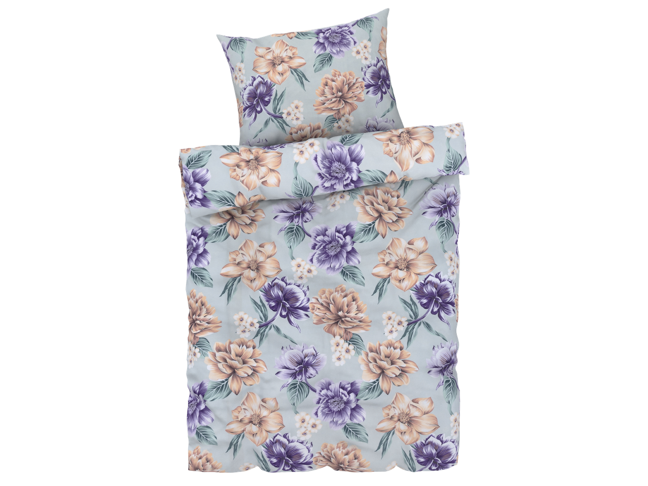 Спално бельо с флорални мотиви в лилаво и оранжево на светлозелен фон.