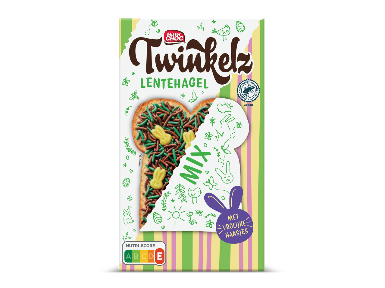 Verpakking van hagelslag met lentethema, inclusief paashaasjes en een Nutri-Score A.