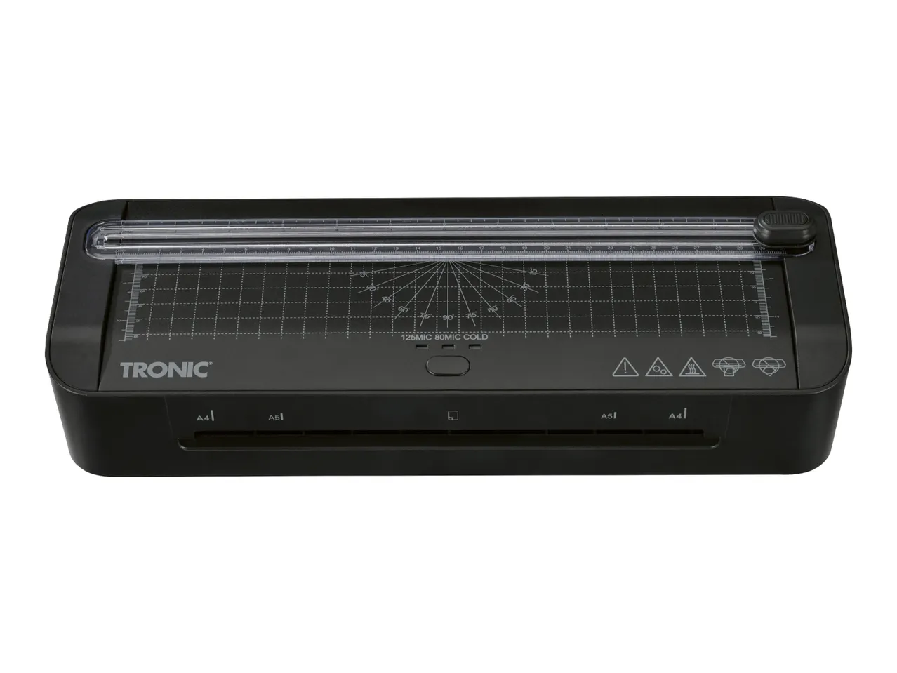 Black laminator with integrated paper trimmer, marked for A4 and A5 sizes.