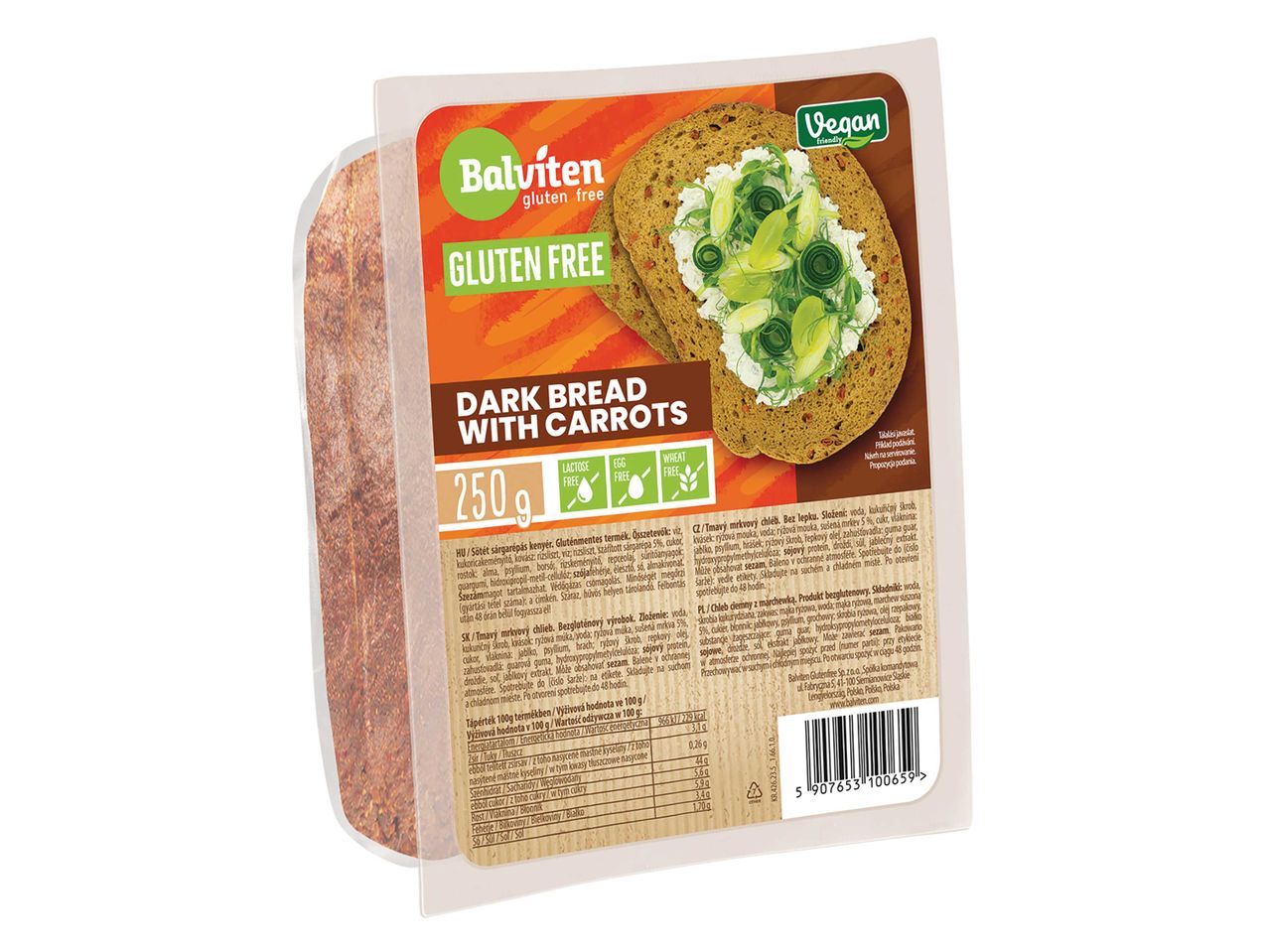 Balviten sötét kenyér sárgarépával, gluténmentes és vegán.