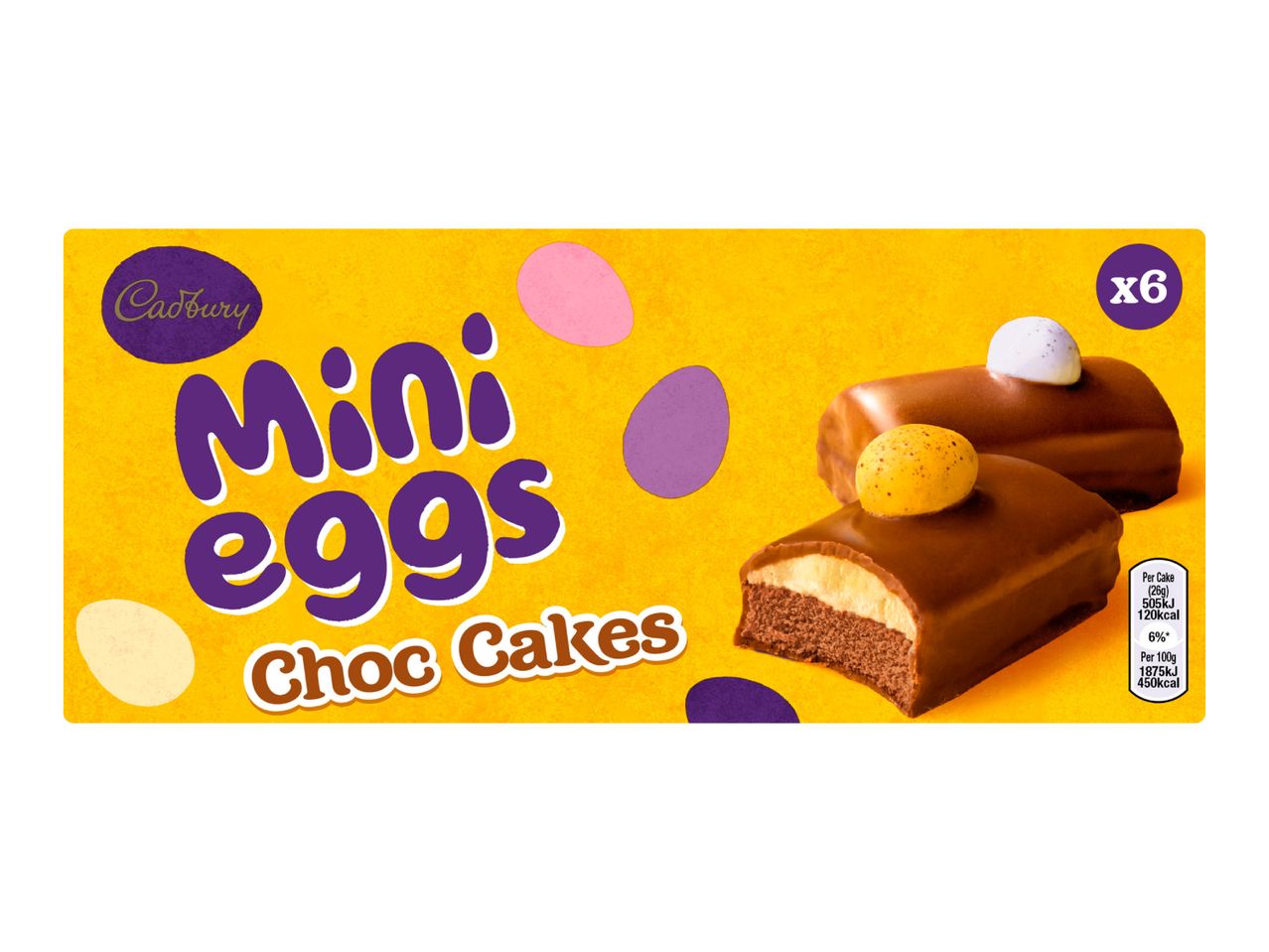 Mini chocolate egg cakes with a creamy filling, showing nutritional information.