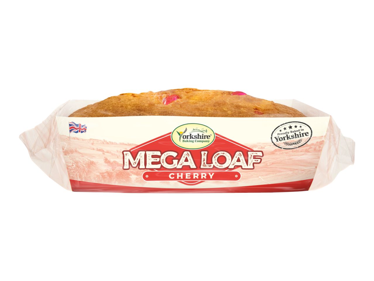 Cherry mega loaf cake in clear packaging with a red label.