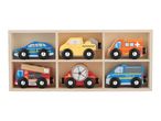 Wooden toy emergency vehicles set, including police cars, ambulance, fire engine, and tow truck.