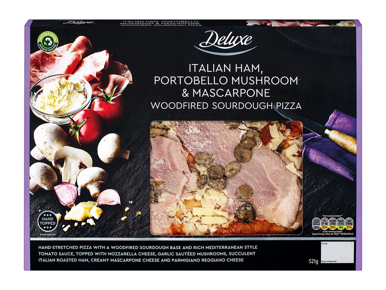 Deluxe Italian Ham, Portobello Mushroom & Mascarpone Woodfired Sourdough Pizza.