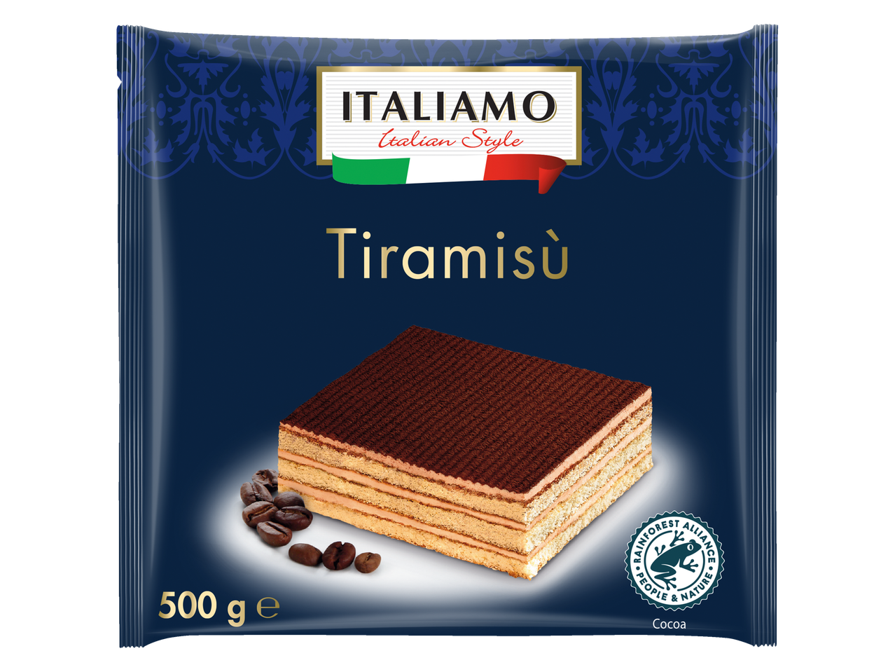 Italiamo Tiramisù packaging with a slice of tiramisu, coffee beans, and Rainforest Alliance logo.