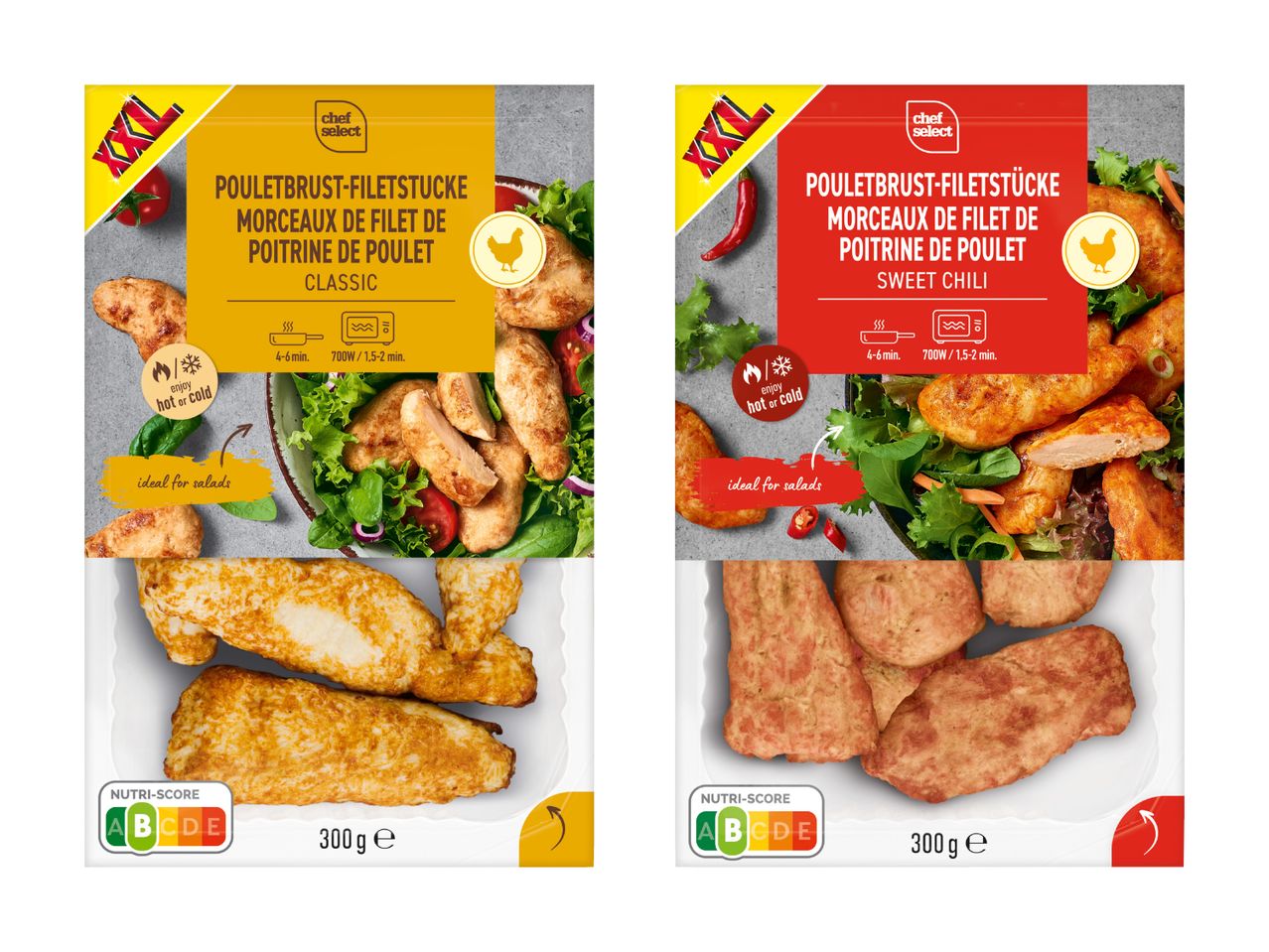 Zwei Packungen vorgegarter Hähnchenstücke: Honig und Chili-Variante.