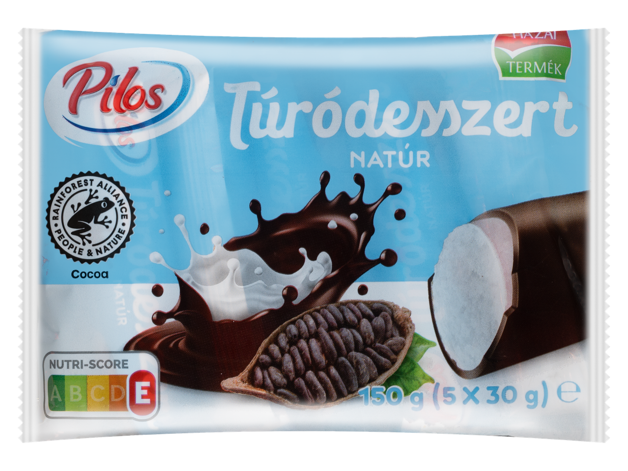 Túródesszert csomagolás kakaós ízesítéssel, Nutri-Score E jelöléssel.