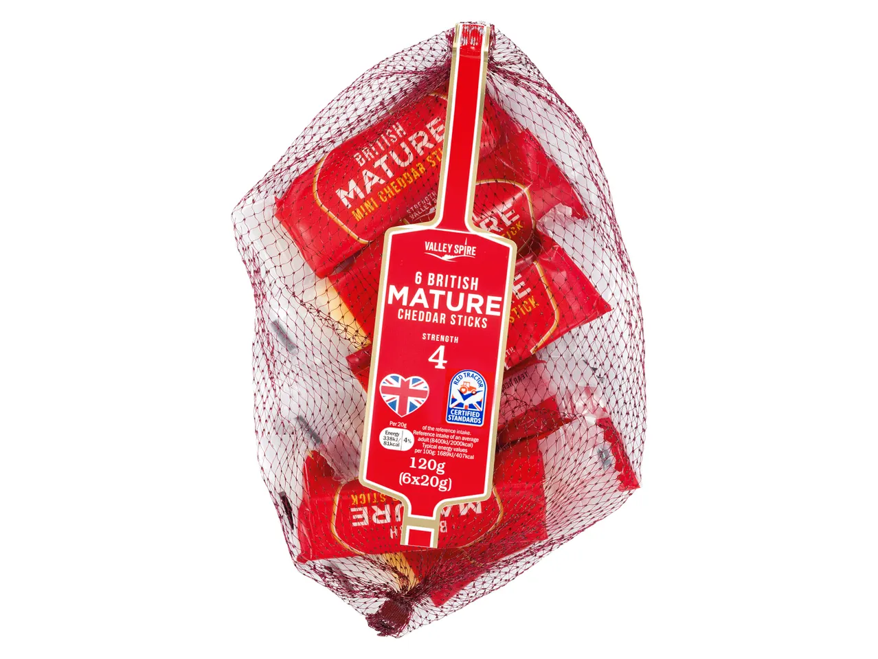 A mesh bag of Valley Spire 6 British Mature Cheddar Sticks, 120g (6x20g).