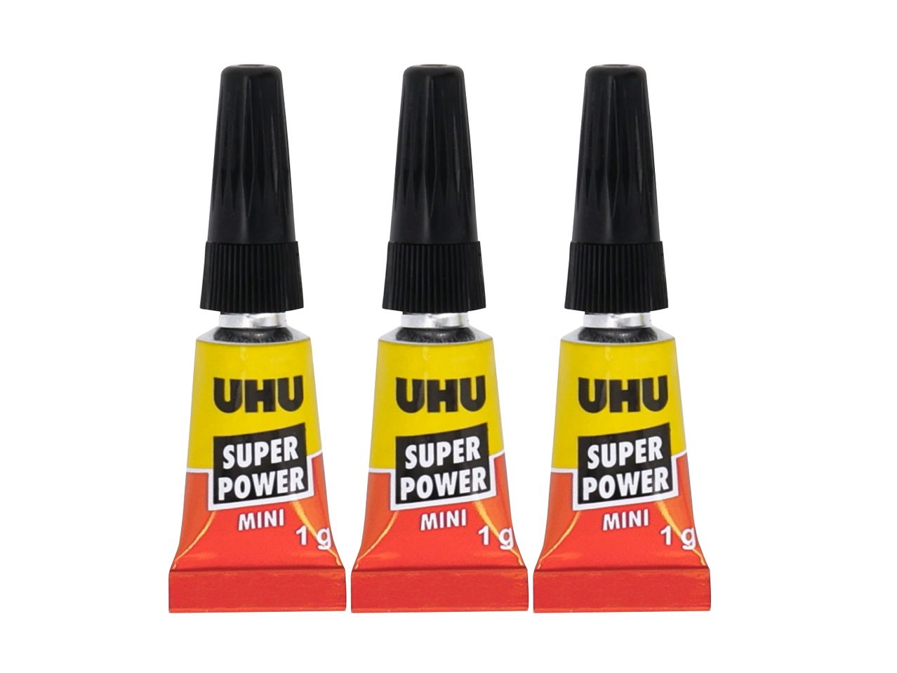 Tre tuber UHU Super Power Mini lim, hver med 1g indhold.