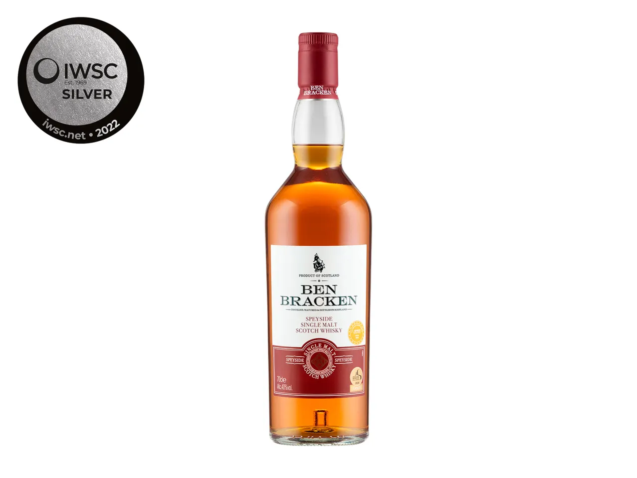 Ben Bracken Speyside Single Malt Scotch whisky bottle, awarded IWSC 2022 Silver.