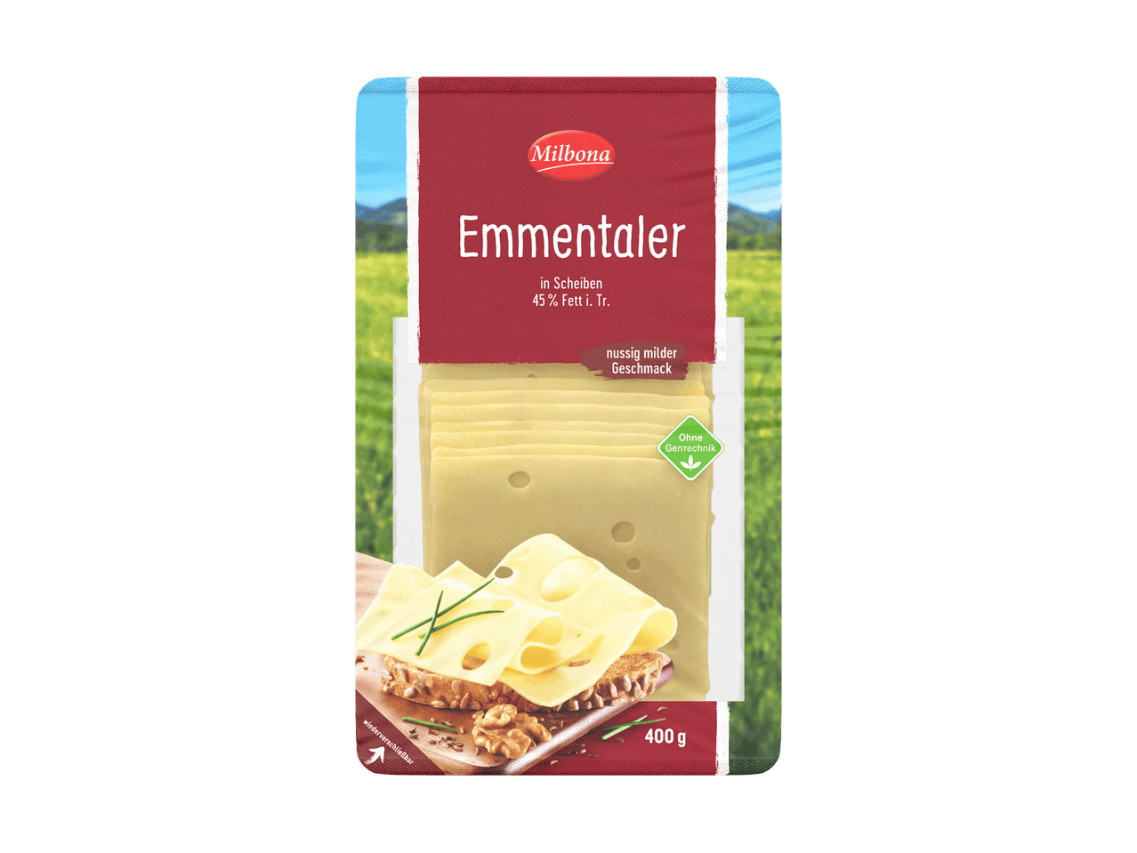 Milbona Emmentaler Käse in Scheiben, 400g, nussig milder Geschmack.