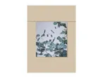 Shower curtain with a green eucalyptus leaf pattern, hanging on a rod.