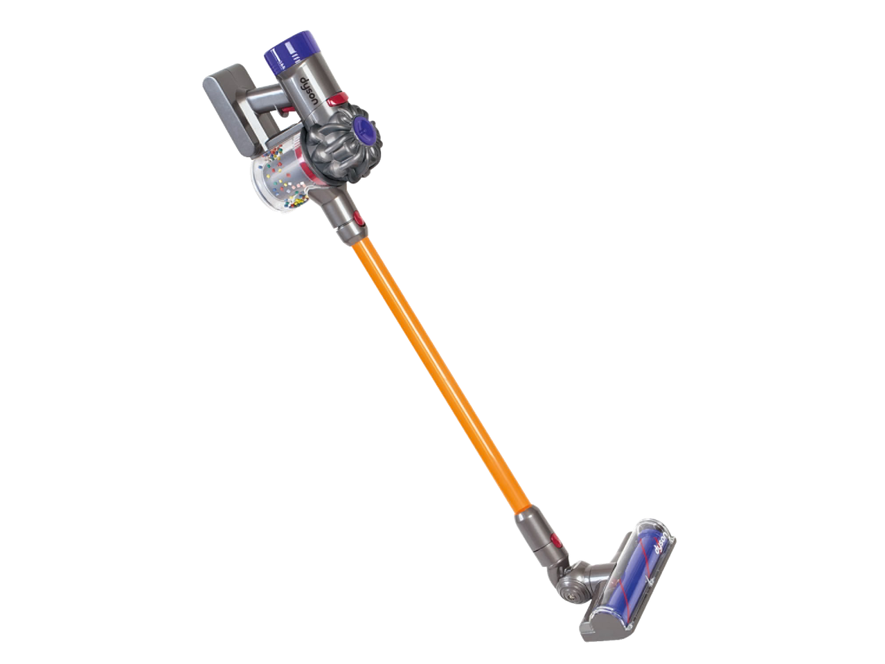 Žaislinis dulkių siurblys su oranžiniu vamzdžiu ir permatoma dulkių talpykla.