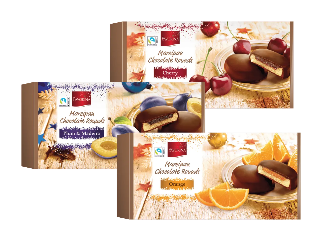 Favorina Marzipan Schokoladen-Rundlinge in Kirsch-, Pflaumen-Madeira- und Orangen-Geschmack.